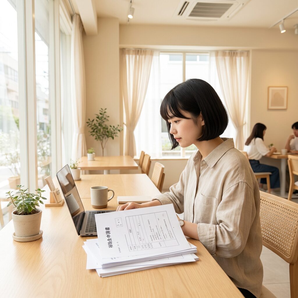 給付金申請書類を確認する様子