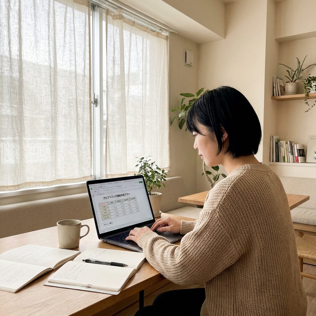 プログラミングスクールの料金体系を確認する様子