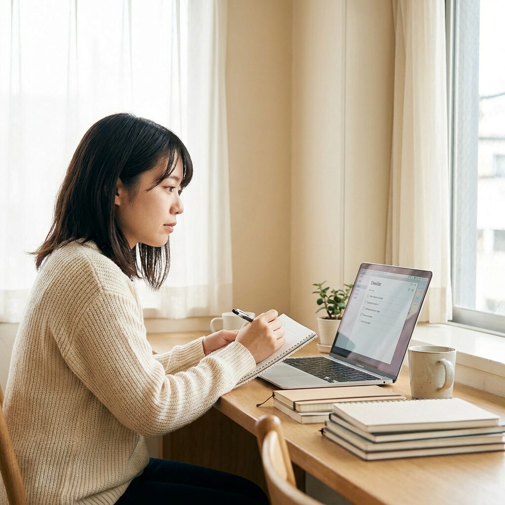 スクール選びのポイントを確認する女性