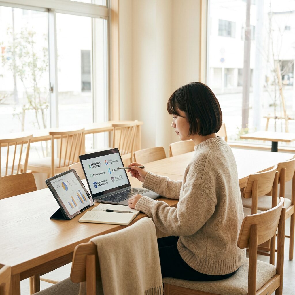 プログラミングスクールの返金制度を比較する様子
